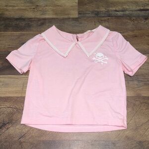 ROMWE Pink Baby Tee XS Skull Graphic Lace Collar Y2K Goth Cute Top